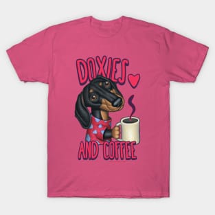 Cute funny doxie drinking coffee Dachshund fur baby java cup of tee T-Shirt